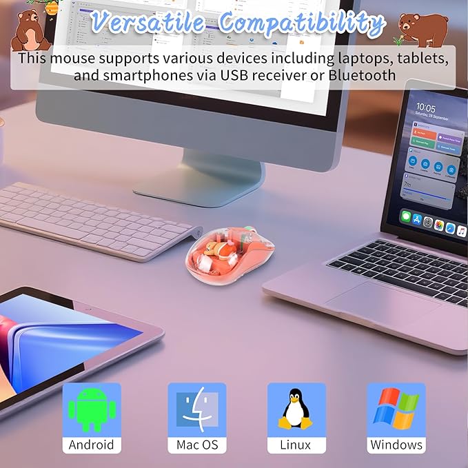 elec Space Cute Wireless USB C Mouse - Bluetooth Triple Mode Rechargeable Cartoon Mouse for Laptops, iPads & MacBook Air/Pro - Silent Operation, Portable Design, Unique Magnetic Character (Orange)