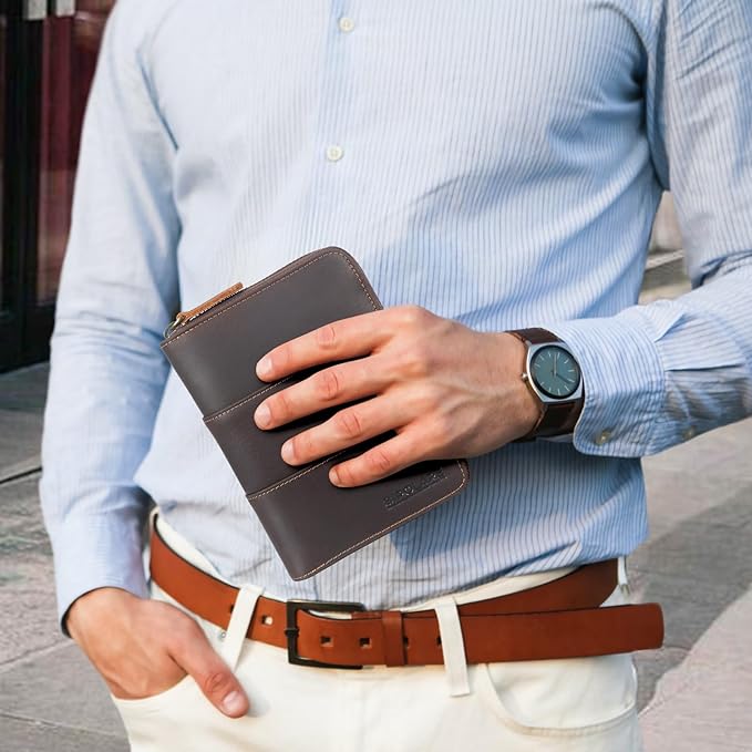 Polare Full Grain Leather Travel Passport Wallet with YKK Zipper and RFID Blocking Document Organizer Holder 2 Passports (Dark Brown)