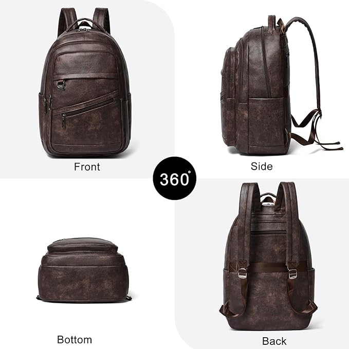 43L Backpack for Women Men - Vegan Leather Backpack Purse Travel Carry-on Bag College Bookbag Work fits 17" Laptop, Coffee