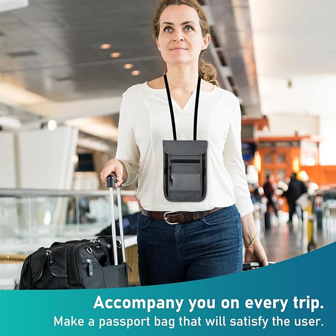 sundee Travel Neck Wallet with Double Zippers, RFID Blocking Passport Holder with Adjustable Neck Strap for Men and Women to Keep Cash, Credit Cards and Travel Documents Safe - Light Gray