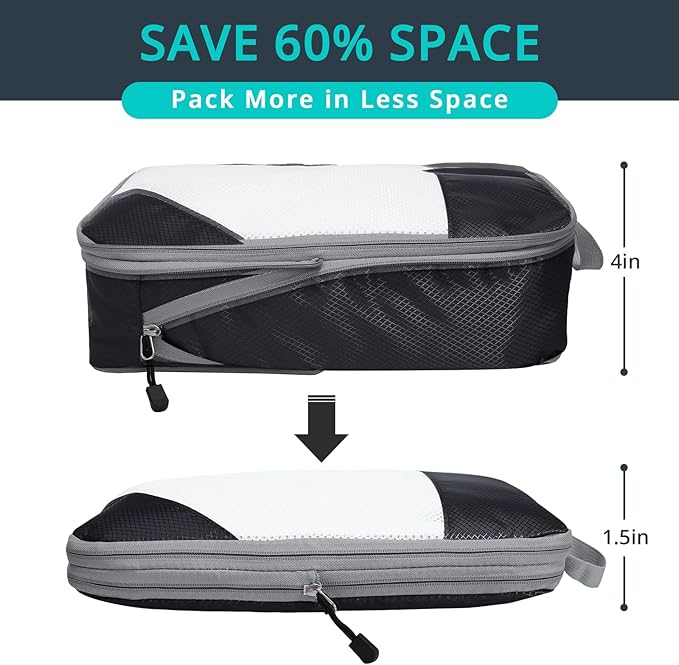 9 Set Compression Packing Cubes for Travel - Compressible, Lightweight, and Space-Saving Packing Cubes, Travel Essentials for Women, Black