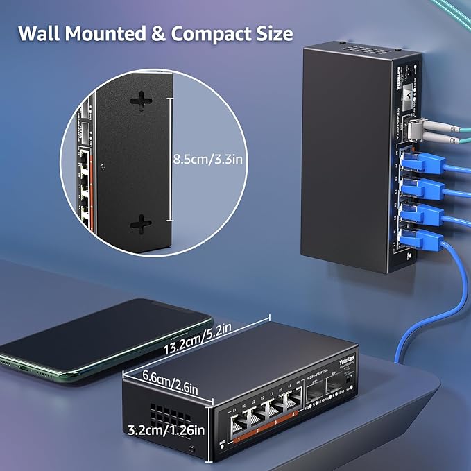 6 Port 2.5G Unmanaged Ethernet Switch, 4 x 2.5G Base-T Ports, 2 x 10G SFP, Compatible with 100/1000/2500Mbps, VLAN, Fanless, Desktop/Wall Mount YuanLey 2.5Gbe Network Switch for Wireless AP, NAS, PC