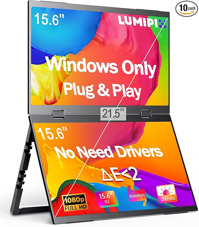 Portable Monitor 15.6" Foldable Dual Screen | Plug & Play for PC/Android/Switch/Xbox/PS5 | FHD 1080P HDR Foldable Travel Display with HDMI/USB-C | Ideal for Gaming, Office & Outdoor