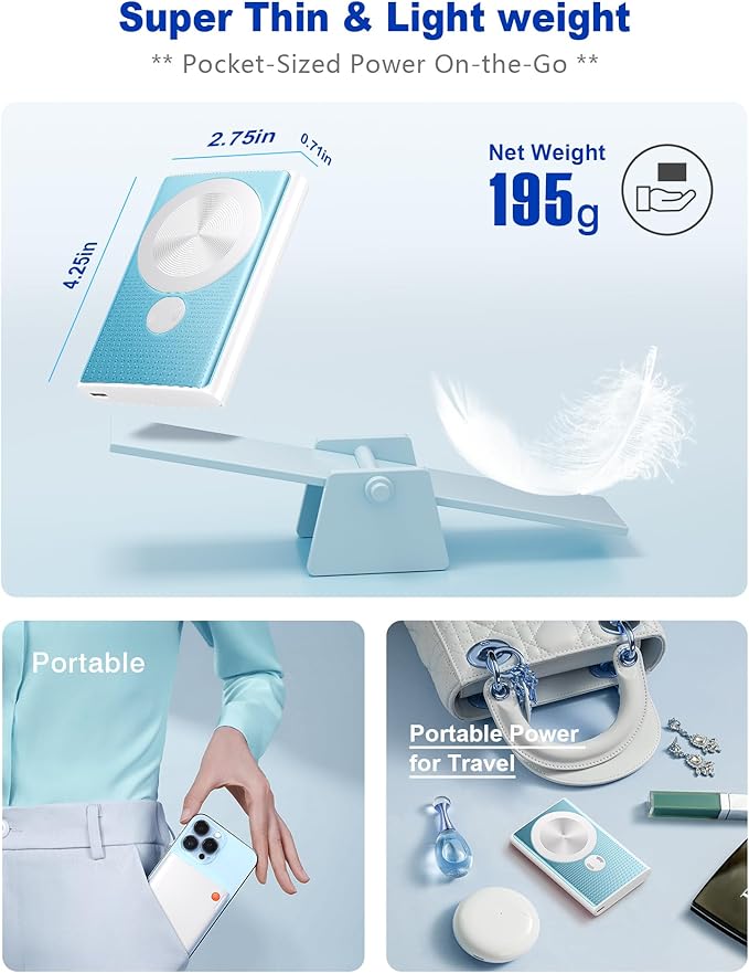 Kesguar Magnetic Portable Charger, 10000mAh 22.5W PD Super Fast Charging Wireless Power Bank. Ultra-Strong Magnet, USB C in&Out Battery Pack for Magsafe, iPhone 17/16/15/13/12 Pro Series, Blue