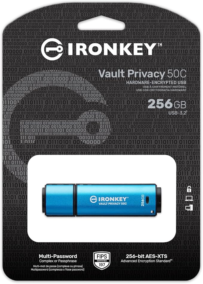 Kingston Ironkey Vault Privacy 50 USB-C 256GB Flash Drive | FIPS 197 Certified | XTS-AES 256-bit | BadUSB and Brute Force Protection | Mult-Password Option | IKVP50C/256GB