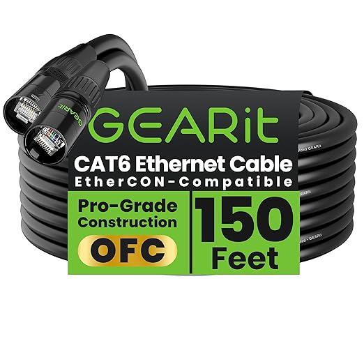 GEARit Shielded CAT6 Ethercon Cable (150 Feet) Professional Audio & Lighting RJ45 EtherCON-Compatible Cable for Studio, Stage, Concerts - 150ft Black