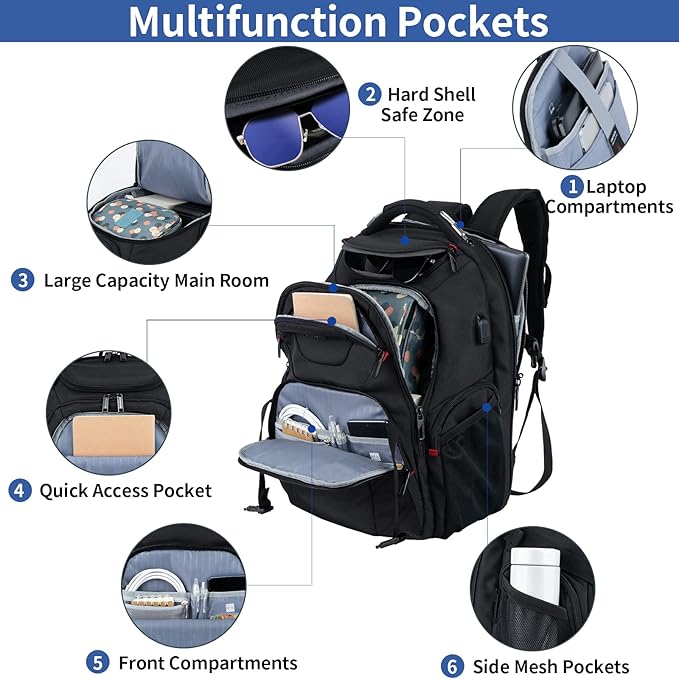VANKEAN 17.3'' Travel Laptop Backpack TSA Friendly, Water Resistant Anti Theft Extra Large College Backpacks with RFID Pockets, USB Port for Men Women Business Work Bag, Black