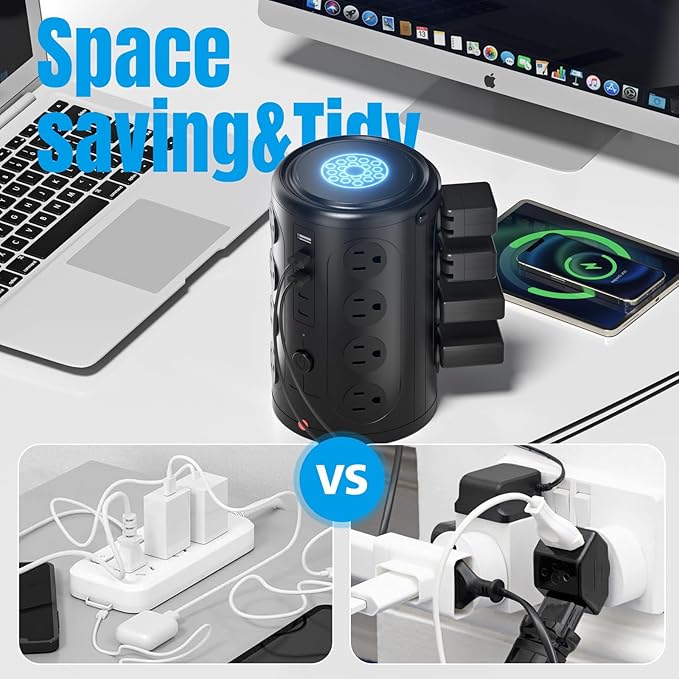 Surge Protector Power Strip,Desk Charging Station with 15W Wireless Charger, Multiple Outlets Charging Station with 16 AC Outlets & 5 USB (2 USB C) Port, for Home, Office, Dorm Room（10FT）
