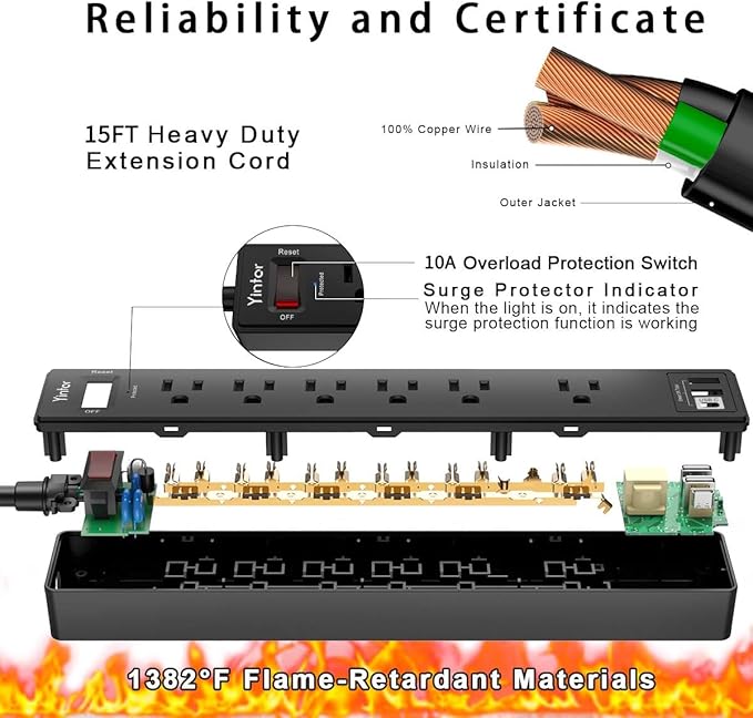 15Ft Power Strip Surge Protector - Yintar Extension Cord with 6 AC Outlets and 3 USB Ports for Home, Office, Dorm Essentials, 1680 Joules, ETL Listed, Black