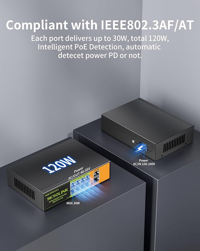 Gigabit Ethernet Network PoE Switch, 8 PoE Ports @120W with 2 Uplink, Support 802.3af/at, Unmanaged, VLAN, for Security Camera, AP