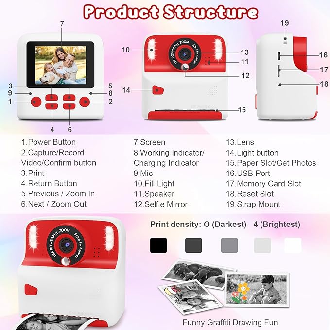 Kids Instant Print Camera, Portable Toys Camera for Toddler, Print Black & White Photos Instantly, Ideal Birthday for Boys & Girls Ages 3–12 (White&Red)