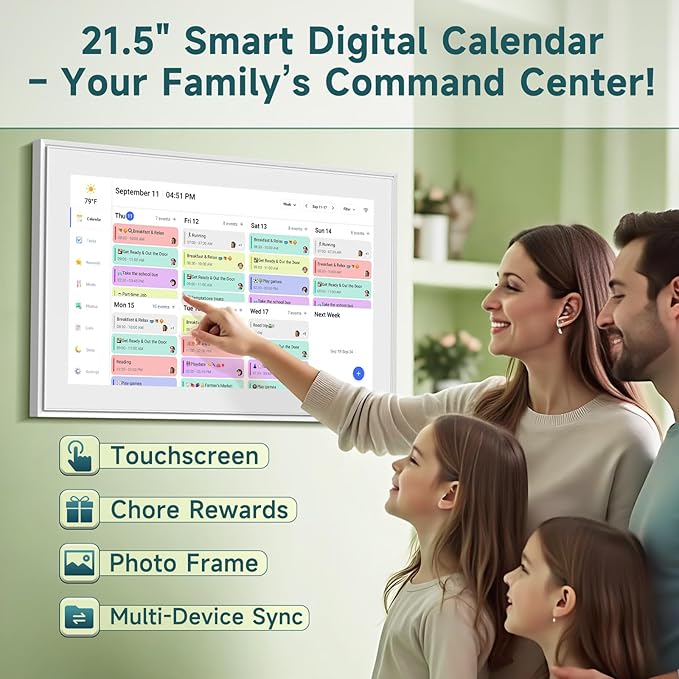 21.5 Inch Smart Digital Calendar – Electronic Chore Chart & Planner with 1920x1080P IPS Touchscreen, Weekly/Monthly Family Organizer for Wall or Desk, White 2025 New Version