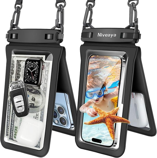 Niveaya Double Space Waterproof Phone Pouch (2-Pack) - IPX8 Cell Phone Dry Bag for Beach, Kayak, Cruise Travel Essentials - Compatible with iPhone 17/16/15/14 Pro Max Galaxy S25/S24 Ultra (up to 8.3")