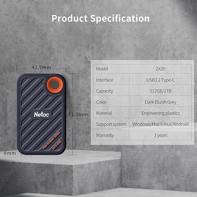 Netac 512GB Extreme Portable SSD External Solid State Drives Up to 2000MB/s Read 1700MB/s Write Speed, USB 3.2 Gen.2 Business Travel Essential Supports Win to Go Dust-Resistant