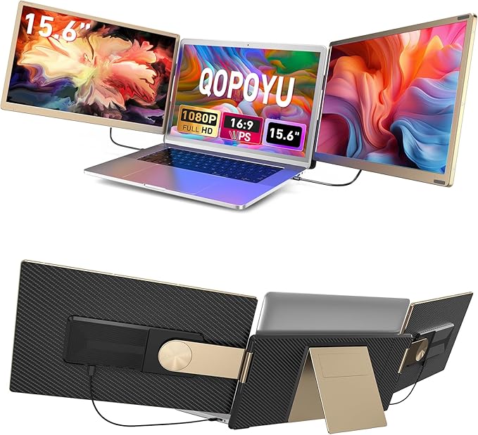 Laptop Screen Extender, 15.6" FHD 1080P Triple Portable Monitor Ultra-Slim Laptop Monitor Extender for 13"-17.3" with Speakers, HDMI/USB-C Plug-Play Extended Screen for MacOS Windows Android
