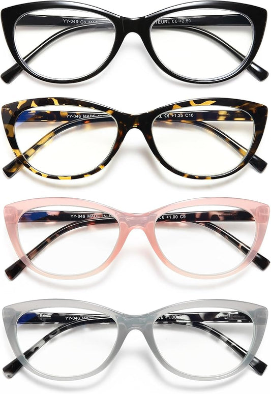 EYEURL 4 Pack Cat Eye Reading Glasses for Women, Blue Light Blocking Readers Lightweight Spring Hinge Anti Eyestrain UV Fashion Eyeglasses +1.00