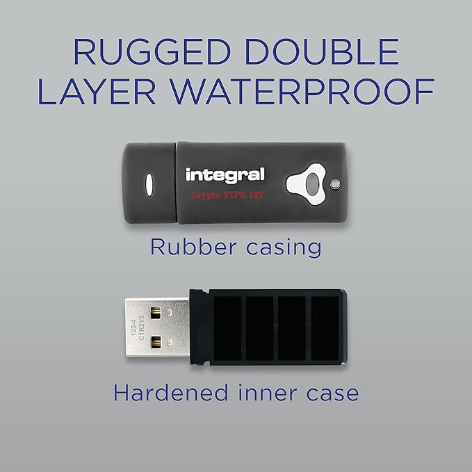 Integral 64GB Crypto-197 256-Bit Hardware Encrypted 3.0 USB Secure Flash Memory Drive - Certified to FIPS 197, Brute-Force Password Attack Protection & Rugged Double-Layer Waterproof Design