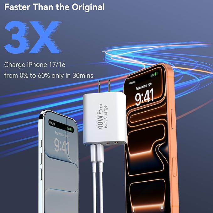 USB C Wall Fast Charger Block, 40W 4-Port Type C Charger Fast Charging Blocks PD Power Charger Adapter+QC 3.0 USB Multiport Charger Brick for iPhone 17/16/15/14/13/12 Pro Max, iPad, Galaxy S25-2Pack