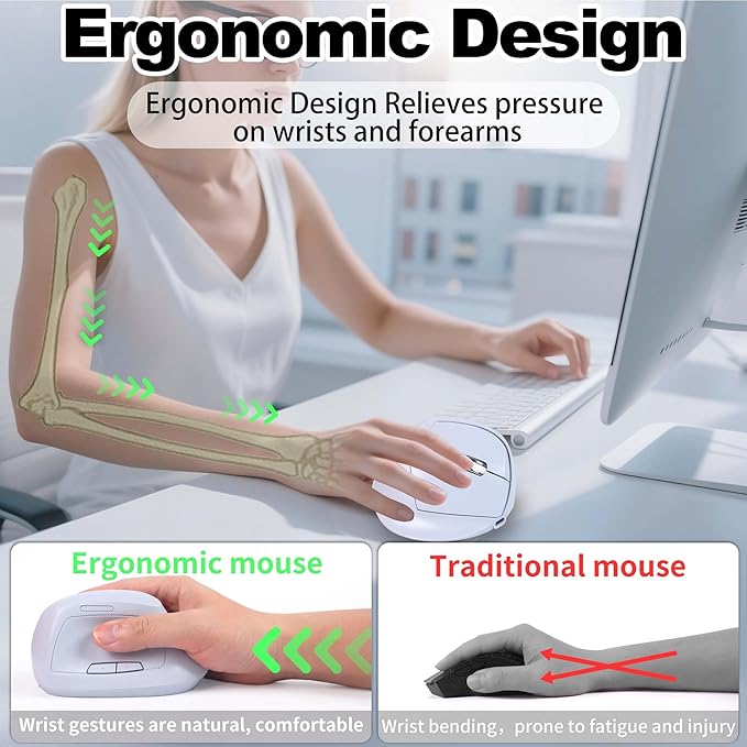 Wireless Bluetooth Mouse Vertical Ergonomic Dual Mode Rechargeable Silent Portable High Precision Optical Cordless Mice with USB Receiver for PC/Laptop/Tablet/MacBook Boy Girl,Reduce Wrist Pain(Blue