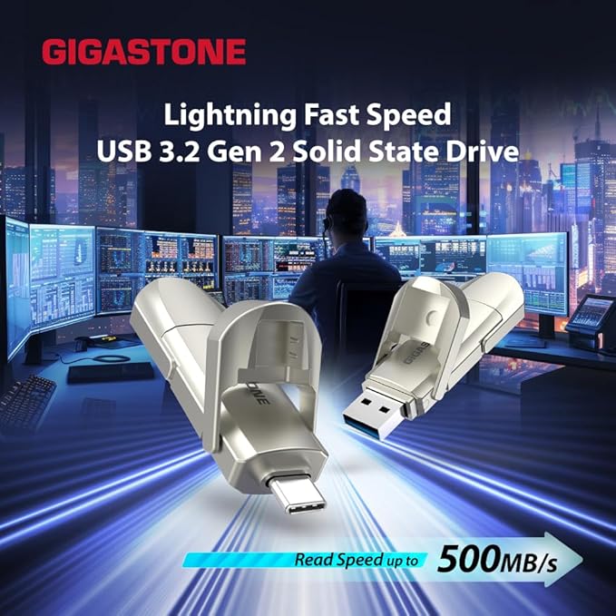 Gigastone Duo Pro Flip USB-A+C 256GB (2-Pack) Dual External Portable SSD 500MB/s Supports Apple 4K 60fps ProRes HDR Video Recording USB3.2 Gen 2 for iPhone 16 PS5 Mac iPad Laptop Android