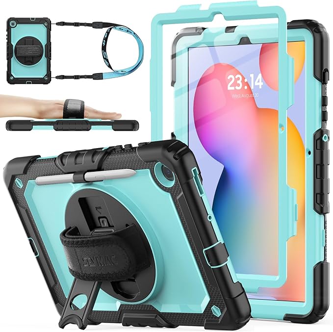 SEYMAC stock Case for Samsung Galaxy Tab S6 Lite 10.4’’ (2024-2020) with Screen Protector Pencil Holder [360° Rotating Hand Strap] &Stand, Drop-Proof Case for Galaxy Tab S6 Lite Tablet, SkyBlue/Black