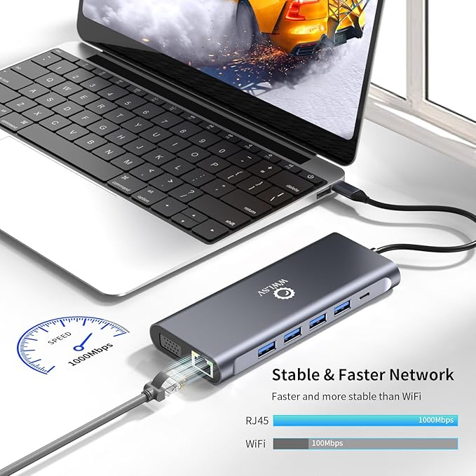 Laptop Docking Station, 12-in-1 USB C Hub – Dual Monitor with 1x 4K@60Hz HDMI, VGA, 100W PD, Ethernet, 3× USB 3.0, USB-C Data Port, SD/TF Card Reader, Audio – Compatible with MacBook, Dell, HP, Lenovo