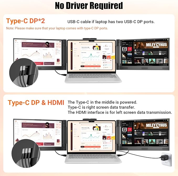 Laptop Screen Extender 14 inch Laptop Monitor Extender 1080P IPS, Triple Portable Monitor for Laptops 13-17.3" with USB-C DP/HDMI Port, Plug-Play Portable Screen for Windows/Mac/Chrome/Android