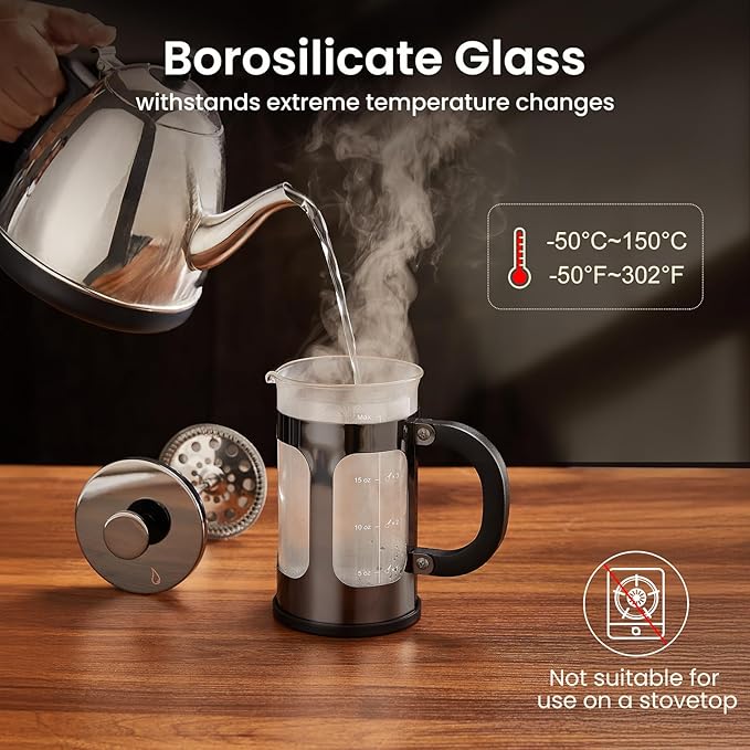 BAYKA 21 Ounce 0.6 Liter French Press Coffee Tea Maker Small, Heat Resistant Thickened Borosilicate Glass Stainless Steel Single Serve Brewer, Cold Brew Cafetera Teapot, Dark Pewter