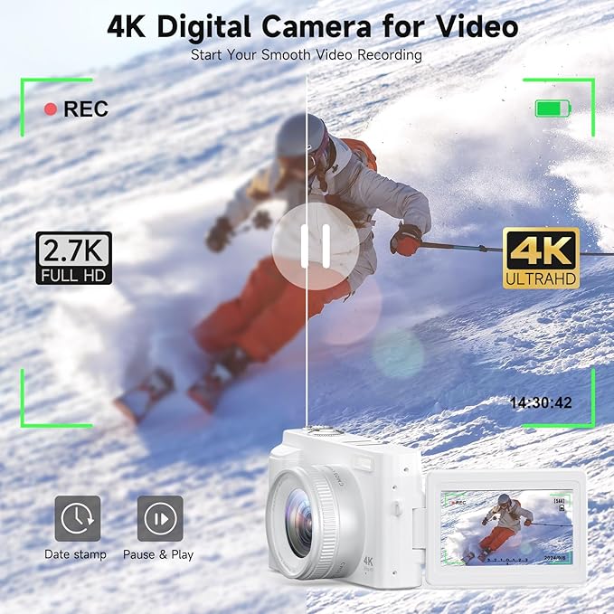 Zostuic 4K Digital Camera, 48MP Autofocus Anti-Shake Vlogging Camera for YouTube Video, 3'' 180Flip Screen with Flash 16X Zoom 32GB Card, Compact Travel Camera with Battery Charger