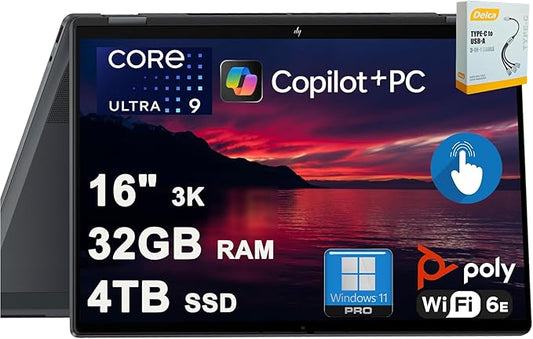 HP OmniBook X Flip 2-in-1 Laptop | 16" 3K OLED 120Hz Touch (100% DCI-P3) | Intel 8-core Ultra 9 288V Up to 48 Tops | 32GB DDR5 4TB SSD | Backlit Poly Studio Win11Pro w/DLCA Accessory Copilot+ AI