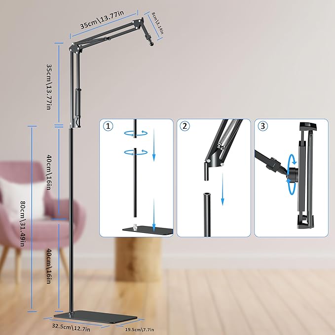 Floor Stand for Kindle Reading in Bed with Remote Page Turner, Hands Free Tablet Arm Holder for Kindle Accessory, Compatible with iPhone Paperwhite eReader Tablet 4.5-12.9 inch (kt-sd2)