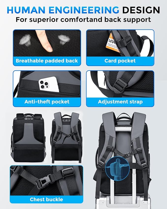 17.3 Inch Travel Laptop Backpack for Men, Water Resistant Carry On Backpack with USB Port, Expandable Computer Daypack, Grey Business Backpack for College/Work