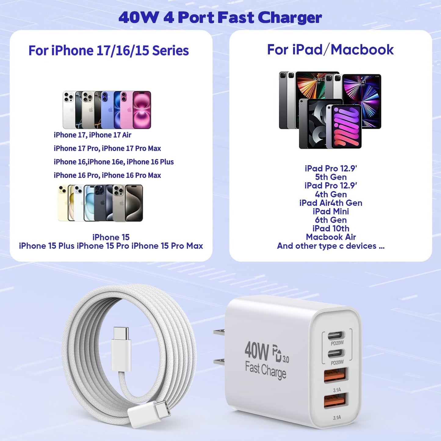 2Pack iPhone 17/16/15 Pro Max USB C to C Woven Cable Cord,PD 40W Type C Apple Charger 4 Port Wall Plug with 3FT USB C-C Fast Charging Woven Cord for iPhone 17 Air/16e/17/16/15/15 Plus/Pro/Pro Max/iPad