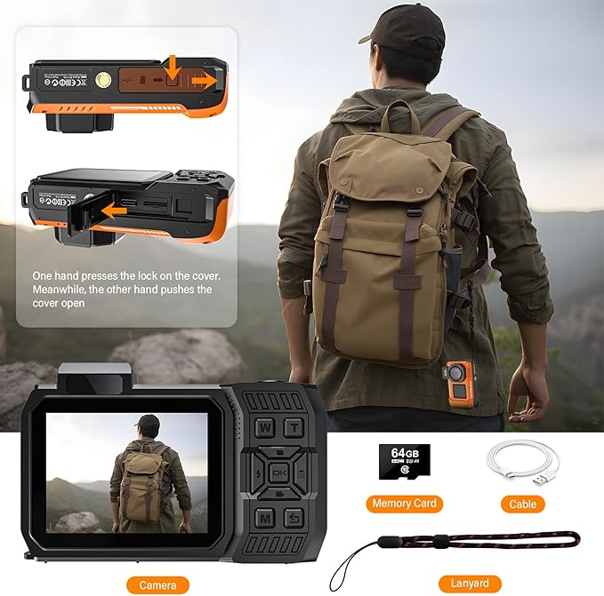 8K UHD 70MP WiFi Digital Camera with 64GB Card Rugged Waterproof Dustproof Shockproof 33FT Underwater Camera Dual-Screen Selfie for Snorkeling Autofocus Point and Shoot Digital Camera (Orange)