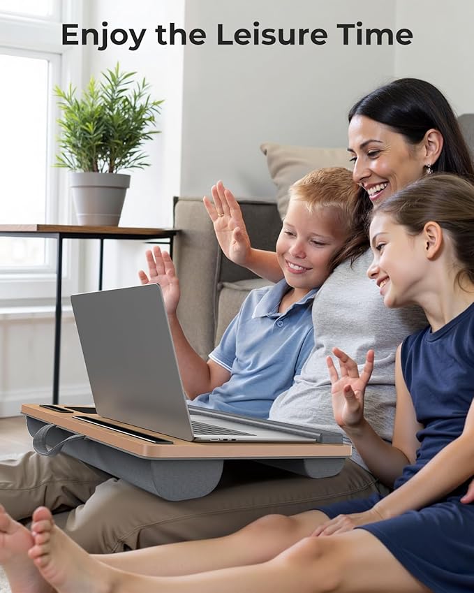 Lap Desk - Up to 17” Laptop Tray with Wrist Rest, Portable Handle, Fixed Mouse Pad, Tablet & Phone Slots, Laptop Stand for Bed with Cushion (Dark Brown Woodgrain)