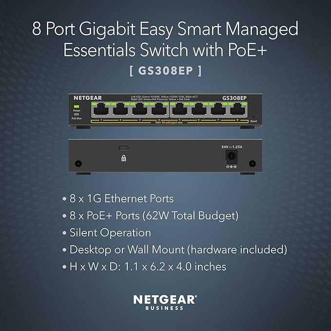 NETGEAR 8 Port PoE Gigabit Ethernet Easy Smart Managed Essentials Switch (GS308EP) - with 8 x PoE+ @ 62W, Desktop or Wall Mount