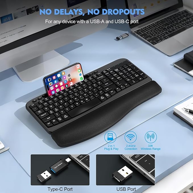 Ergonomic Wireless Keyboard with Cushioned Wrist Rest, Wave Keys, Phone Holder, Comfortable Natural Typing, 2.4GHz Full Size Cordless USB Computer Keyboard for Laptop, Mac, Windows (Black)