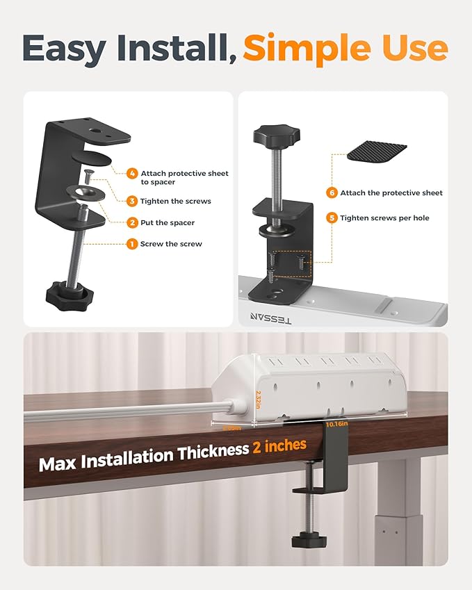Desk Clamp Power Strip 6Ft, TESSAN Flat Extension Cord with Multiple Outlets, 10 Outlets with 4 USB (2 USB C), Flat Plug, 1625W, Charging Station for Gaming Cruise Travel Office Dorm Room, White