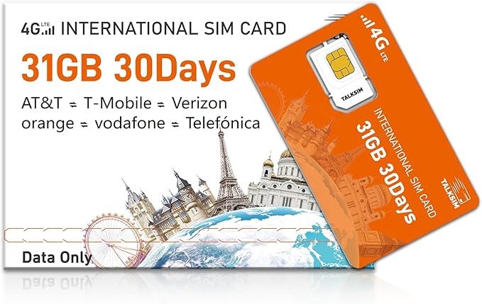 International Data SIM Card 31GB for 30 Days –4G LTE Coverage 45 Countries in USA,UK,Europe,Asia and Africa Prepaid Travel Data Only SIMCARD for Unlocked WiFi Mobile Hotspot,Phones&Tablet–No Contract