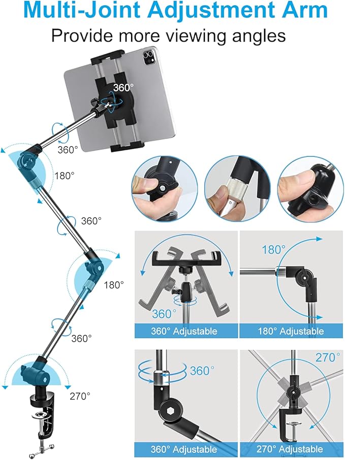 Aluminum Tablet Mount Holder for for 4.7-13" Phone & iPad - Flexible Bed/Desk Clamp Tablet Stand with 360° Rotation, Compatible iPad Pro/Air/Mini, Galaxy Tab, iPhone, Tablets