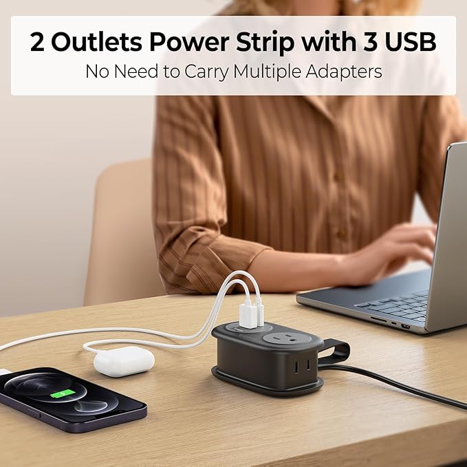 ORICO Travel Power Strip with USB Ports, 3.7 ft Extension Cord with 2 AC Outlets 3 USB Ports (1 USB-C), Flat Plug Power Strip with USB C Cruise Travel Must Haves - Black