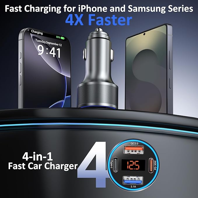 USB C Car Charger with Voltage Display, 3 Pack 65W Super Fast Charging Car Phone Charger Dual USB-A & USBC Cargador Carro Cigarette Lighter Adapter Volt Meter for iPhone,Samsung,Tablet,Android-Gray