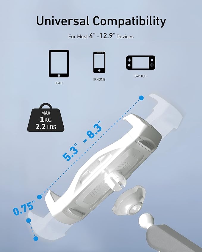 Phone & Tablet Mount with Cable Management, Tablet Holder for Desk/Headboard for Recording/Filming
