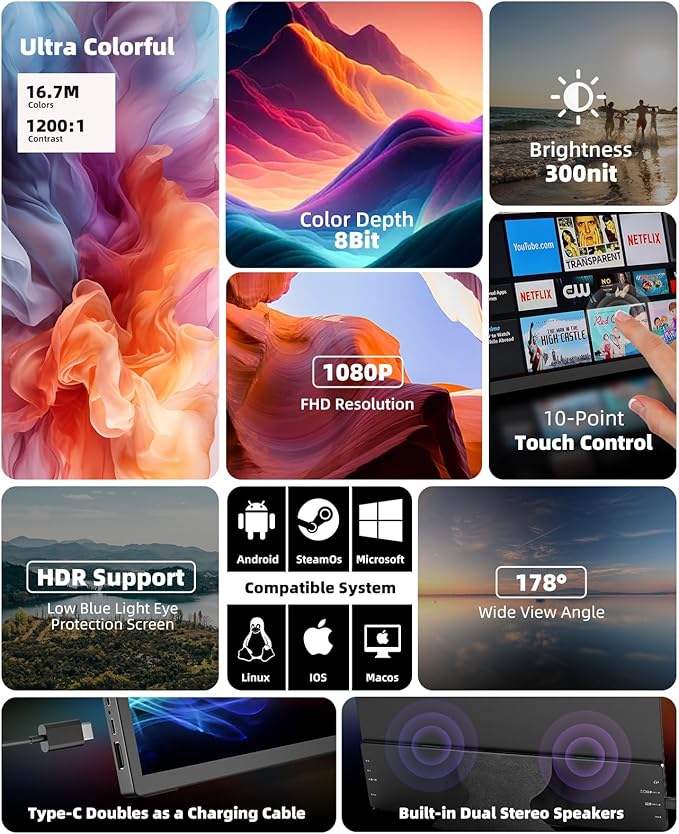 Portable Monitor Touchscreen 15.6" 1080P Touch Screen IPS USB-C HDMI Computer Monitor HDR FreeSync Eye Care Plug and Play for PC MAC Phone Xbox PS4/ 5 Switch Chromecast Stick