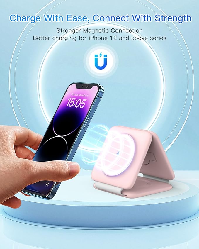 Charging Station for Apple Multiple Devices: 3 in 1 Foldable Magnetic Wireless Charger Stand - Travel Charging Dock Compatible with iPhone 16 15 14 13 12 Pro Max Plus Apple Watch AirPods