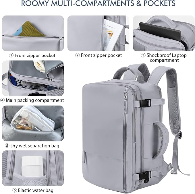 Beraliy Large Travel Backpack, Airline Approved Carry On Backpack, 16 Laptop Backpack,Waterproof Personal Item Bag, Business Hiking Weekender Overnight Bag, Dark Gray