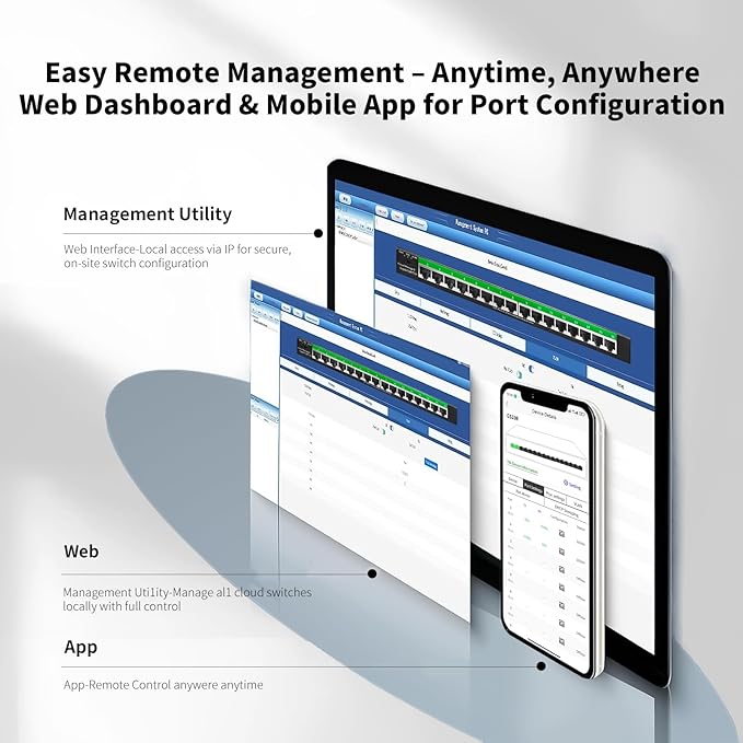 STEAMEMO 16-Port Gigabit Ethernet Switch | Smart Managed with VLAN & QoS | Plug & Play Desktop/Wall Mount Network Switch | Metal Enterprise Switch(Includes Power Adapter)