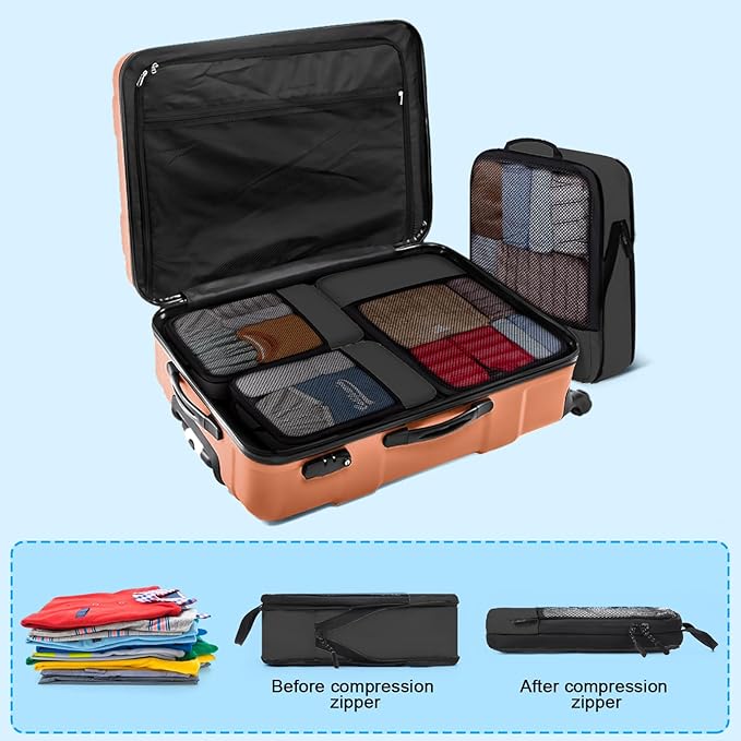 4 PCS Set Compression Packing Cubes for Travel, Lightweight Packaging Organizer Bags for Carry On Space Saving, Travel Essentials Cubes for Suitcase Backpack, Black