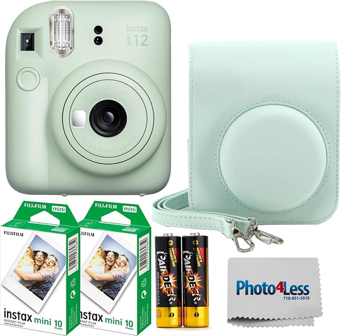 Fujifilm Instax Mini 12 Instant Film Camera (Mint Green), Fujifilm Instax Mini Twin Pack Instant Film 20 Prints, Case - Accessory Bundle