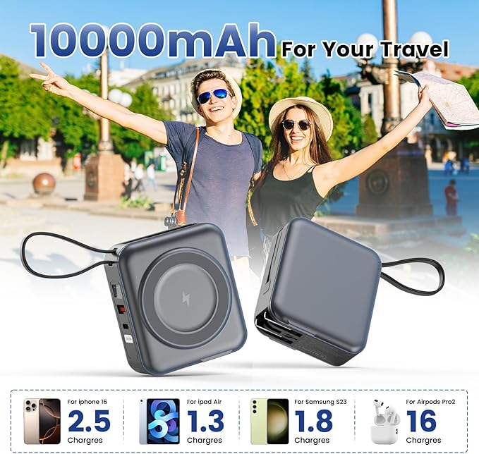 for Magsafe Portable Charger with AC Wall Plug, 6-in-1 Magnetic Wireless Power Bank 10000mAh Built-in Cables, 22.5W Type-C in&Out Fast Charging Battery Pack for iPhone 16/15/14/13/12 Series, Gray